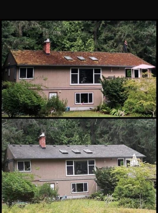 Before/After image of a home with roof moss removal