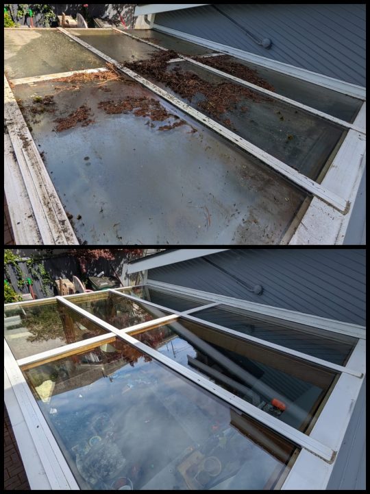 Before and after image of our professional skylight cleaning services