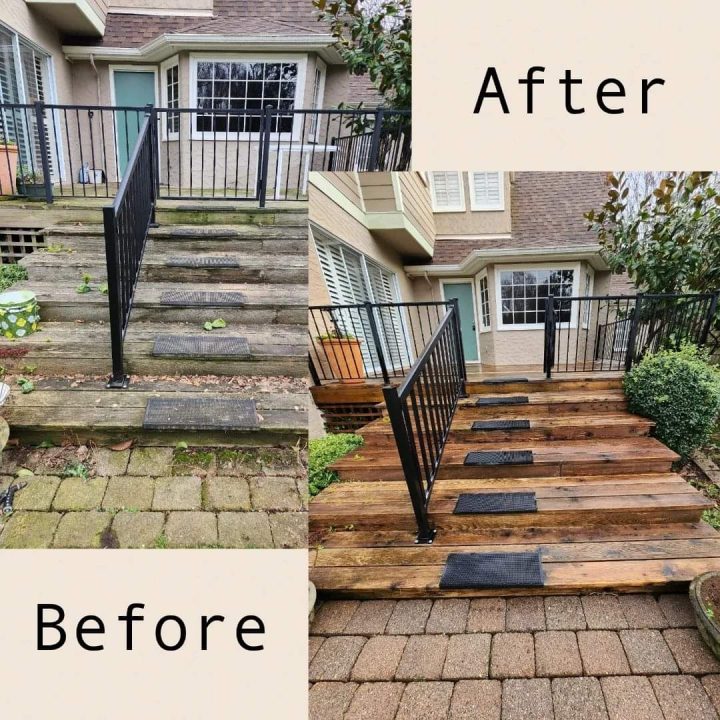 Before and after pressure washing service of wooden stairs and pavers by Coastal Shores.